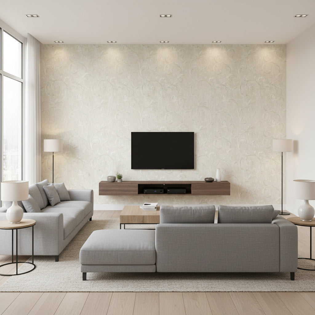 Scroll Contemporary Scroll Metallic Baby Blue and Grey | Architectural Wallcoverings - Living Room Visualization (AI-generated, may not be to scale. Verify pattern scale with product specifications.)