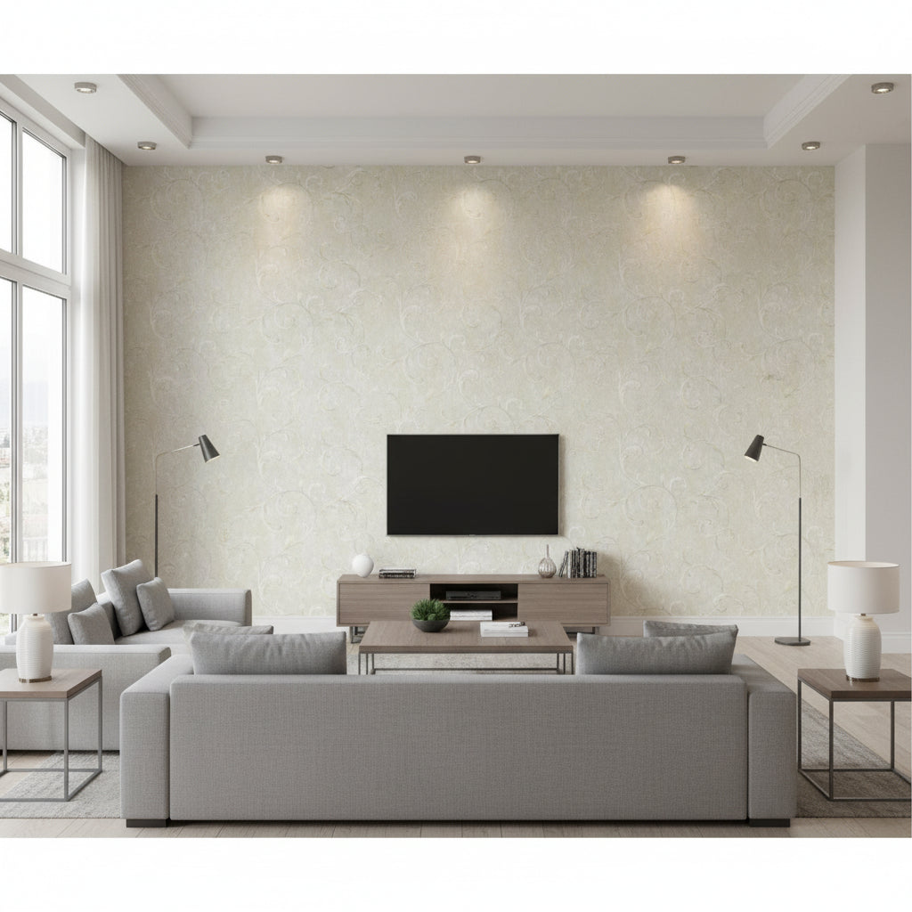 Scroll Contemporary Scroll Metallic Gold and Grey | Architectural Wallcoverings - Living Room Visualization (AI-generated, may not be to scale. Verify pattern scale with product specifications.)