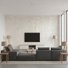 Stria Contemporary Stria Metallic Pearl and Off-White | Architectural Wallcoverings - Living Room Visualization (AI-generated, may not be to scale. Verify pattern scale with product specifications.)