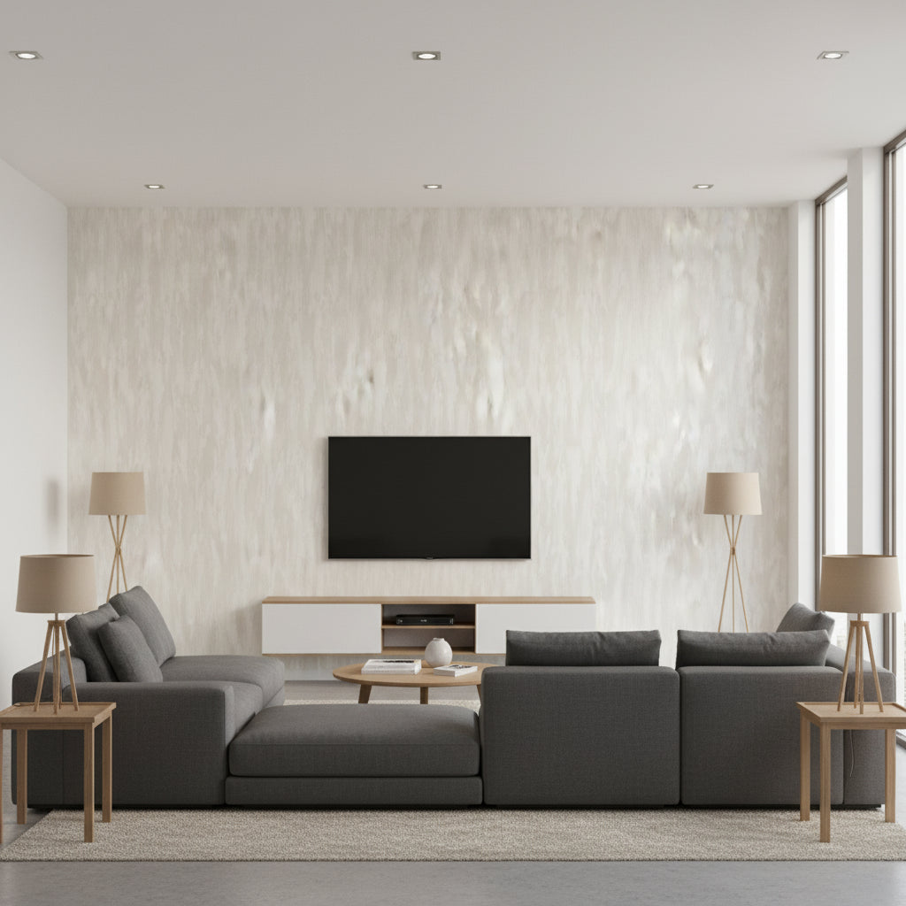 Stria Contemporary Stria Metallic Pearl and Off-White | Architectural Wallcoverings - Living Room Visualization (AI-generated, may not be to scale. Verify pattern scale with product specifications.)