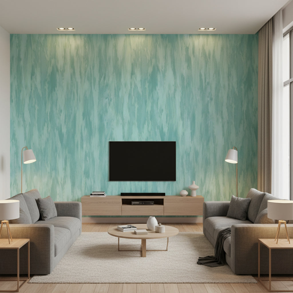 Stria Contemporary Stria Metallic Turquoise and Aqua | Architectural Wallcoverings - Living Room Visualization (AI-generated, may not be to scale. Verify pattern scale with product specifications.)