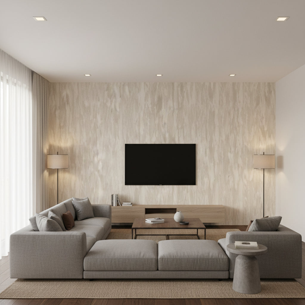Stria Contemporary Stria Metallic Champagne and Greige | Architectural Wallcoverings - Living Room Visualization (AI-generated, may not be to scale. Verify pattern scale with product specifications.)