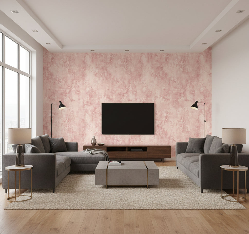 Vinyl Faux Contemporary Faux Rose Pink | Architectural Wallcoverings - Living Room Visualization (AI-generated, may not be to scale. Verify pattern scale with product specifications.)