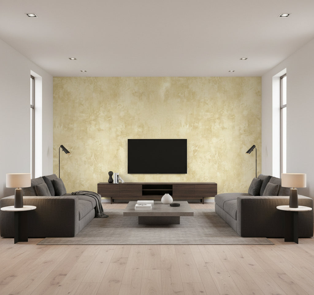 Vinyl Faux Contemporary Faux Golden Mist | Architectural Wallcoverings - Living Room Visualization (AI-generated, may not be to scale. Verify pattern scale with product specifications.)