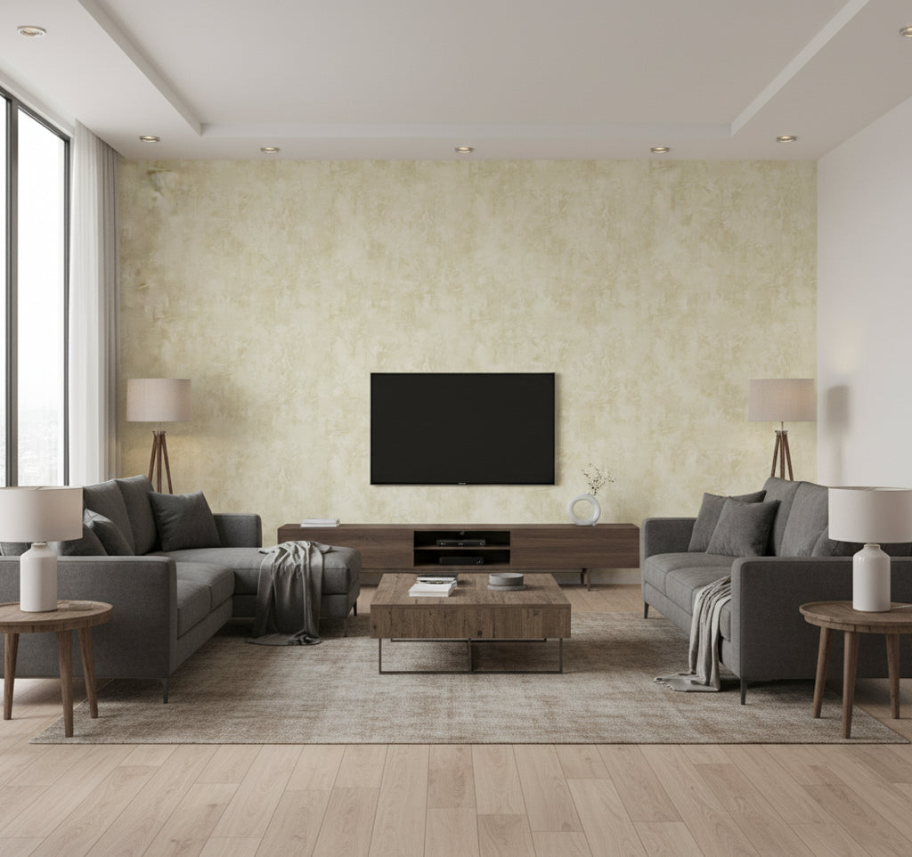 Vinyl Faux Contemporary Faux Ivory | Architectural Wallcoverings - Living Room Visualization (AI-generated, may not be to scale. Verify pattern scale with product specifications.)