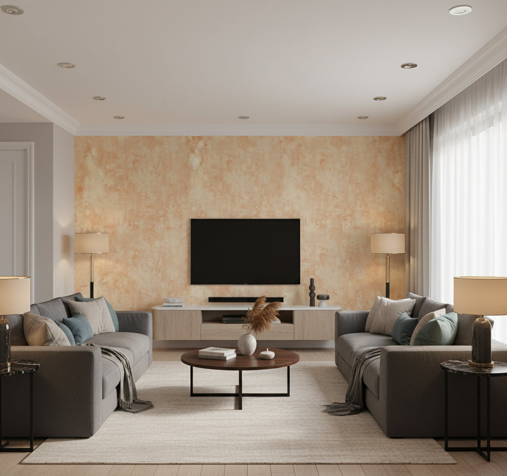 Vinyl Faux Contemporary Faux Orange | Architectural Wallcoverings - Living Room Visualization (AI-generated, may not be to scale. Verify pattern scale with product specifications.)
