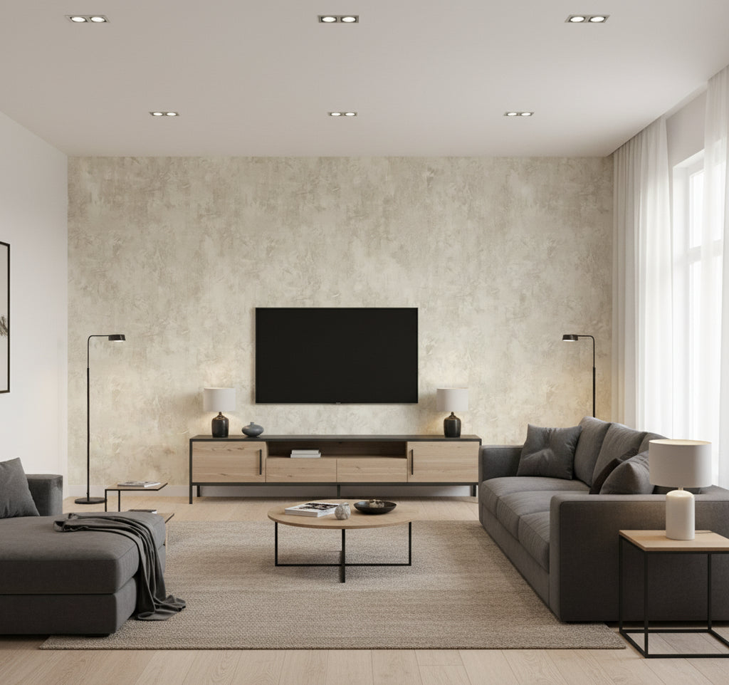 Vinyl Faux Contemporary Faux Bermuda Sand | Architectural Wallcoverings - Living Room Visualization (AI-generated, may not be to scale. Verify pattern scale with product specifications.)