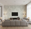 Vinyl Faux Contemporary Faux Villa Grey | Architectural Wallcoverings - Living Room Visualization (AI-generated, may not be to scale. Verify pattern scale with product specifications.)