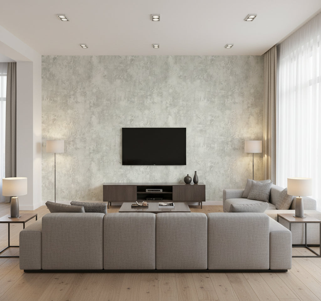 Vinyl Faux Contemporary Faux Villa Grey | Architectural Wallcoverings - Living Room Visualization (AI-generated, may not be to scale. Verify pattern scale with product specifications.)