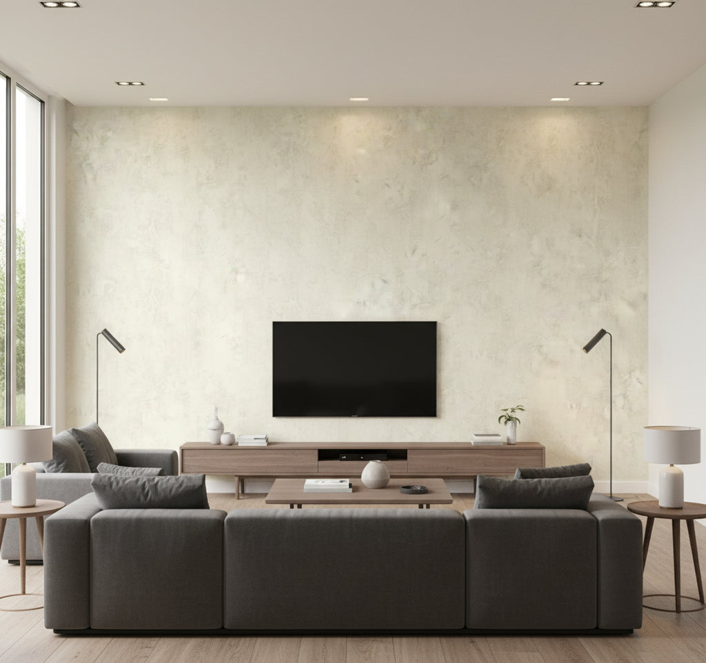 Vinyl Faux Contemporary Faux Pearl | Architectural Wallcoverings - Living Room Visualization (AI-generated, may not be to scale. Verify pattern scale with product specifications.)