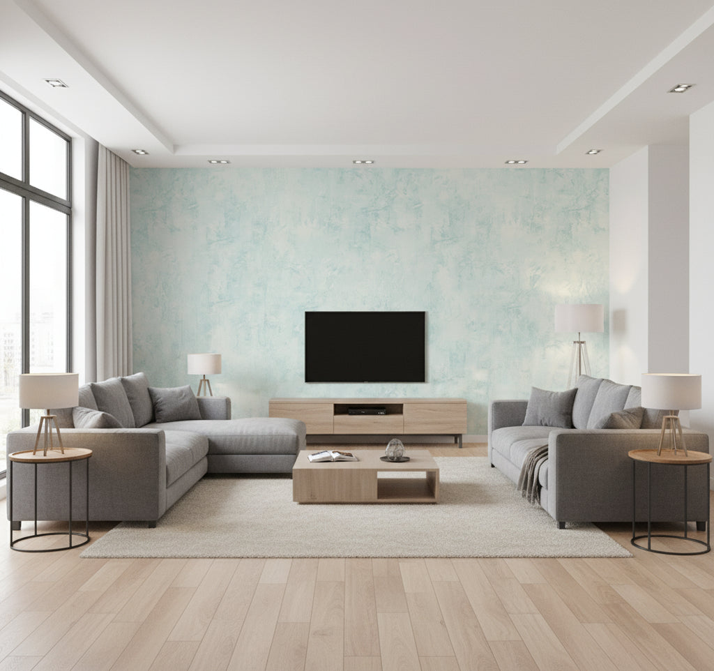 Vinyl Faux Contemporary Faux Aqua Blue | Architectural Wallcoverings - Living Room Visualization (AI-generated, may not be to scale. Verify pattern scale with product specifications.)