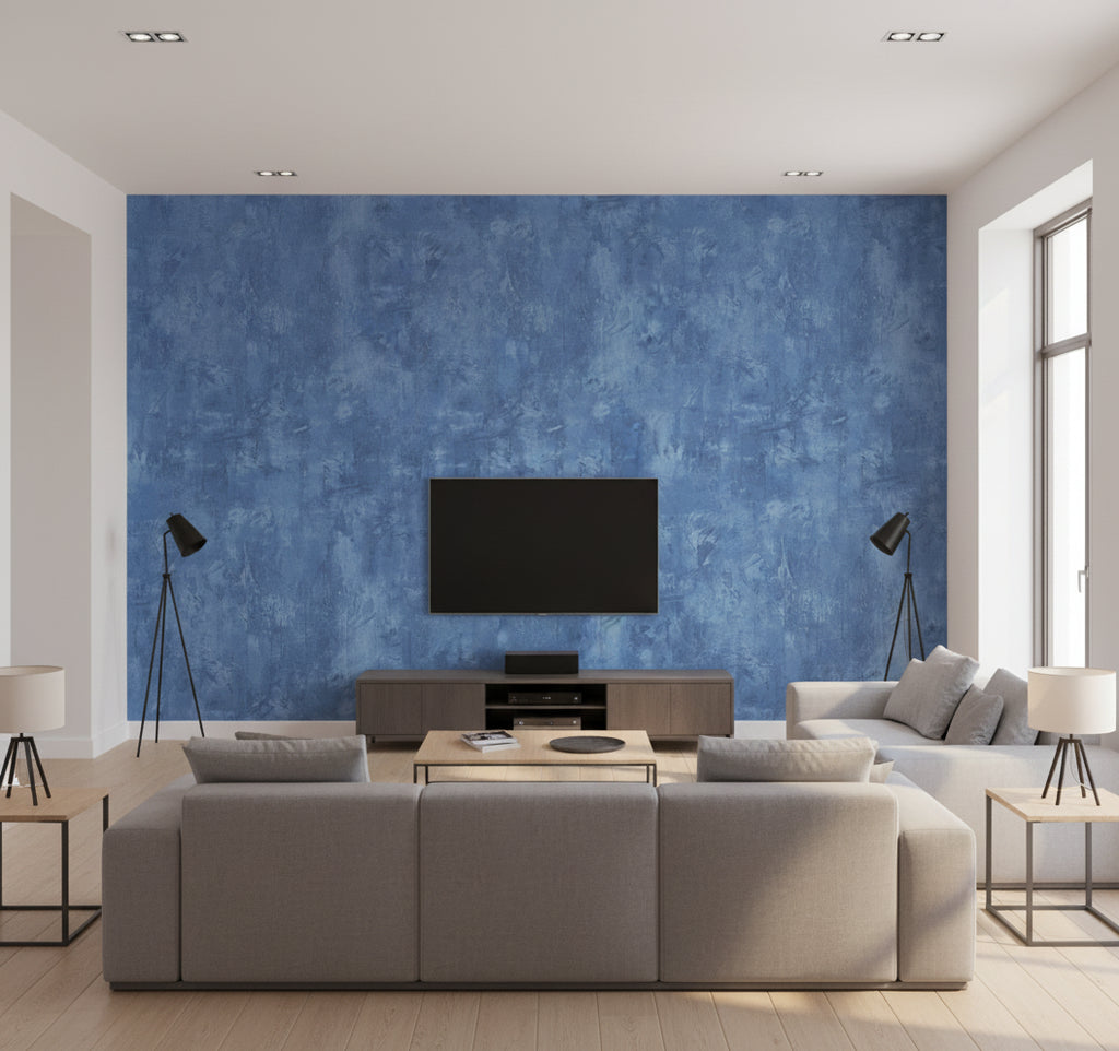 Vinyl Faux Contemporary Faux Denim Blue | Architectural Wallcoverings - Living Room Visualization (AI-generated, may not be to scale. Verify pattern scale with product specifications.)