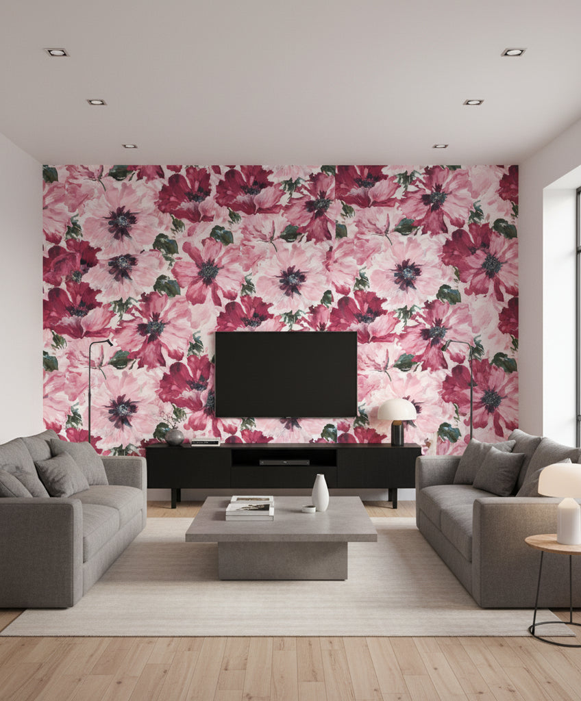 Cecita Transitional Floral Blush and Wine | Architectural Wallcoverings - Living Room Visualization (AI-generated, may not be to scale. Verify pattern scale with product specifications.)