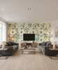 Cecita Transitional Floral Teal, Off-White, and Green | Architectural Wallcoverings - Living Room Visualization (AI-generated, may not be to scale. Verify pattern scale with product specifications.)