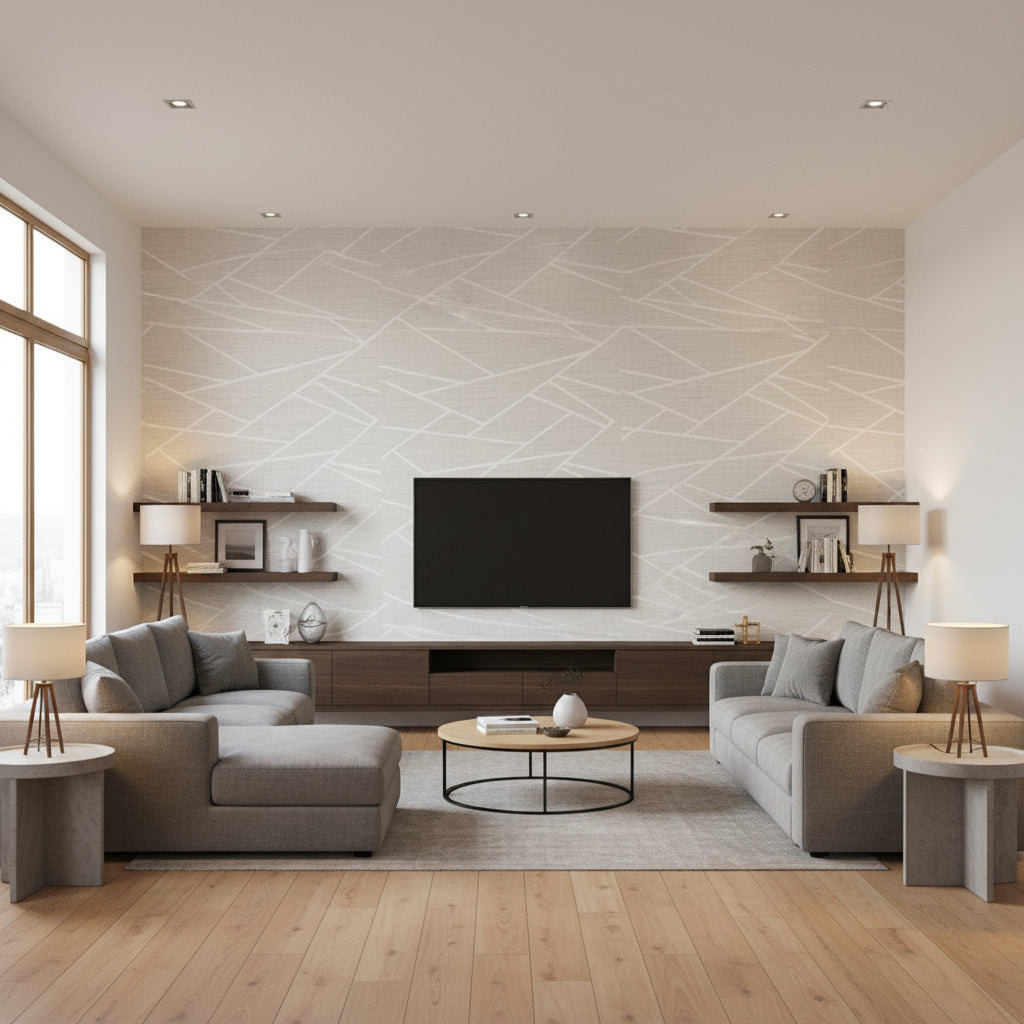 Cecita Puzzle Contemporary Geometric Heather Gray and White | Architectural Wallcoverings - Living Room Visualization (AI-generated, may not be to scale. Verify pattern scale with product specifications.)