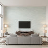 Cecita Puzzle Contemporary Geometric Baby Blue and White | Architectural Wallcoverings - Living Room Visualization (AI-generated, may not be to scale. Verify pattern scale with product specifications.)