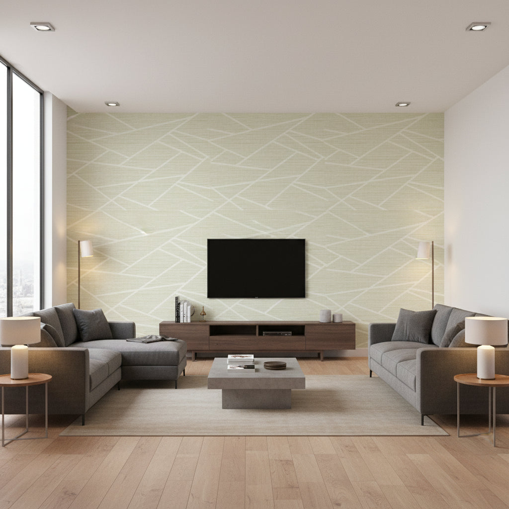 Cecita Puzzle Contemporary Geometric Mint Green and White | Architectural Wallcoverings - Living Room Visualization (AI-generated, may not be to scale. Verify pattern scale with product specifications.)