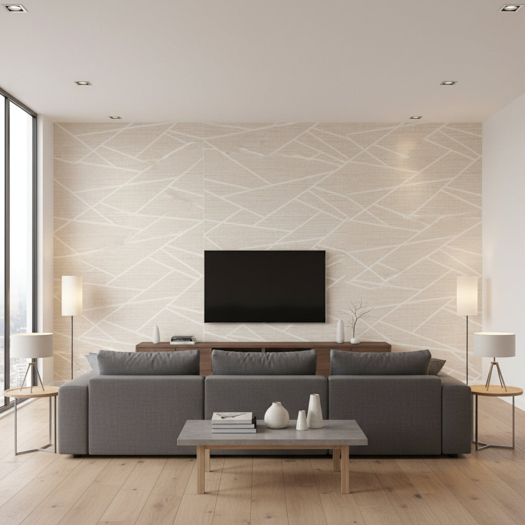 Cecita Puzzle Contemporary Geometric Light Tan and White | Architectural Wallcoverings - Living Room Visualization (AI-generated, may not be to scale. Verify pattern scale with product specifications.)