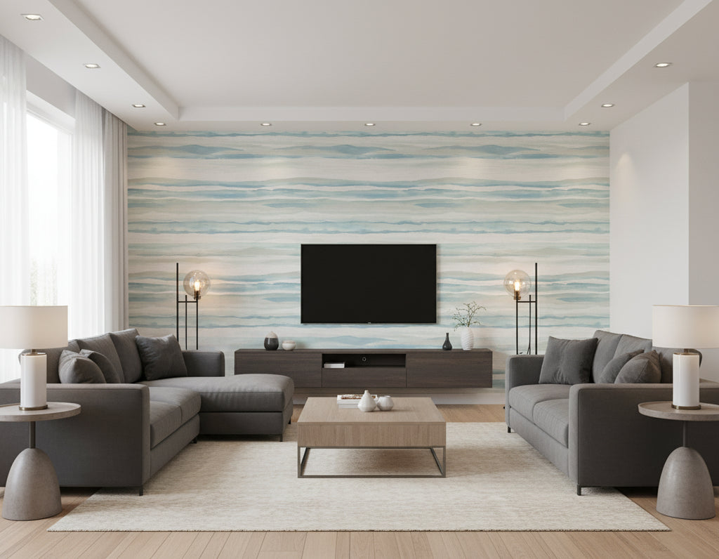 Kentmere Waves Contemporary Watercolor Sky Blue and Off-White | Architectural Wallcoverings - Living Room Visualization (AI-generated, may not be to scale. Verify pattern scale with product specifications.)