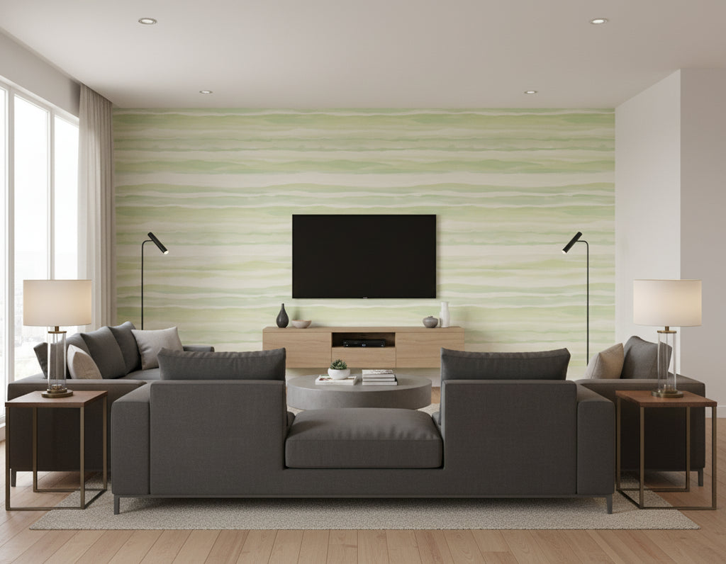 Kentmere Waves Contemporary Watercolor Baby Blue and Off-White | Architectural Wallcoverings - Living Room Visualization (AI-generated, may not be to scale. Verify pattern scale with product specifications.)