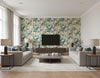 Chambon Transitional Floral Cerulean, Tan, and Orange | Architectural Wallcoverings - Living Room Visualization (AI-generated, may not be to scale. Verify pattern scale with product specifications.)