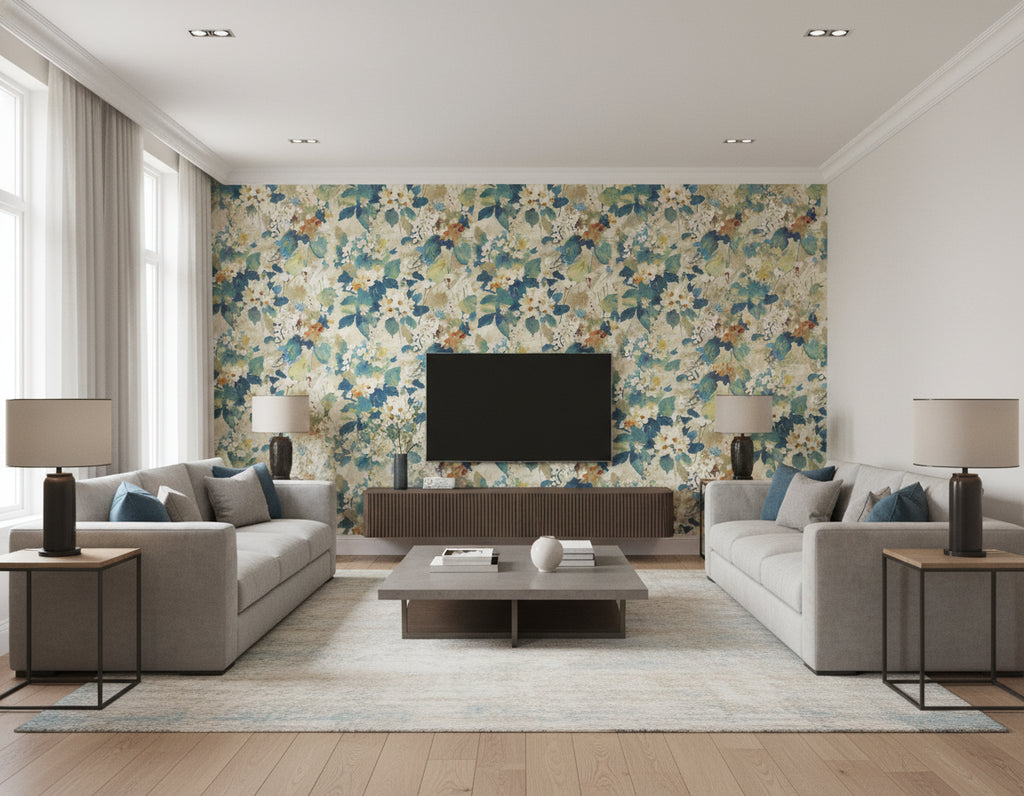Chambon Transitional Floral Cerulean, Tan, and Orange | Architectural Wallcoverings - Living Room Visualization (AI-generated, may not be to scale. Verify pattern scale with product specifications.)