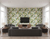 Chambon Transitional Floral Moss Green, Gray, and Orange | Architectural Wallcoverings - Living Room Visualization (AI-generated, may not be to scale. Verify pattern scale with product specifications.)