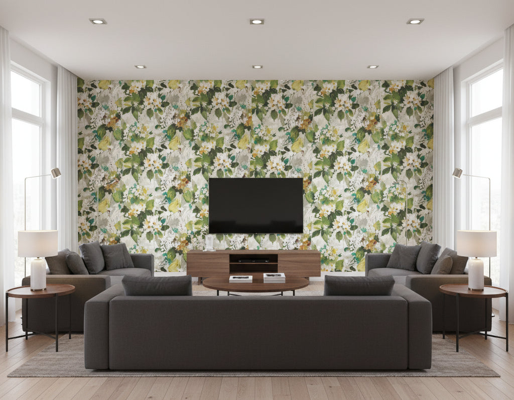 Chambon Transitional Floral Moss Green, Gray, and Orange | Architectural Wallcoverings - Living Room Visualization (AI-generated, may not be to scale. Verify pattern scale with product specifications.)