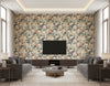 Chambon Transitional Floral Ocean Blue, Latte, and Orange | Architectural Wallcoverings - Living Room Visualization (AI-generated, may not be to scale. Verify pattern scale with product specifications.)