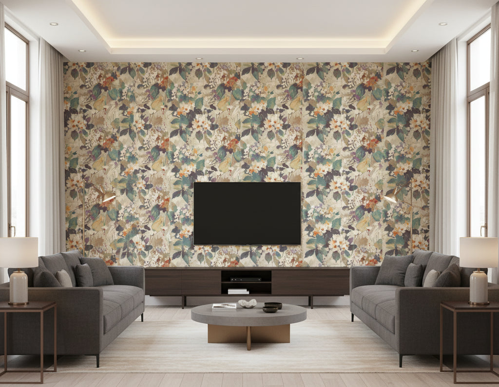 Chambon Transitional Floral Ocean Blue, Latte, and Orange | Architectural Wallcoverings - Living Room Visualization (AI-generated, may not be to scale. Verify pattern scale with product specifications.)