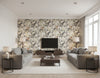Chambon Transitional Floral Charcoal, Tan, and Orange | Architectural Wallcoverings - Living Room Visualization (AI-generated, may not be to scale. Verify pattern scale with product specifications.)