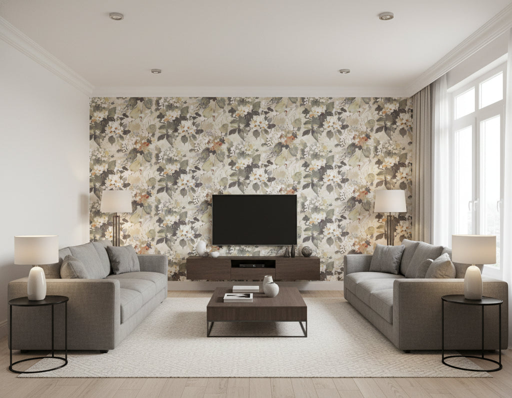 Chambon Transitional Floral Charcoal, Tan, and Orange | Architectural Wallcoverings - Living Room Visualization (AI-generated, may not be to scale. Verify pattern scale with product specifications.)