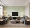Chambon Ogee Transitional Ogee Seafoam and Linen | Architectural Wallcoverings - Living Room Visualization (AI-generated, may not be to scale. Verify pattern scale with product specifications.)