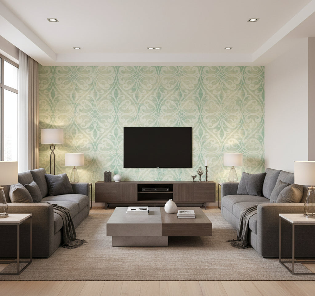 Chambon Ogee Transitional Ogee Seafoam and Linen | Architectural Wallcoverings - Living Room Visualization (AI-generated, may not be to scale. Verify pattern scale with product specifications.)