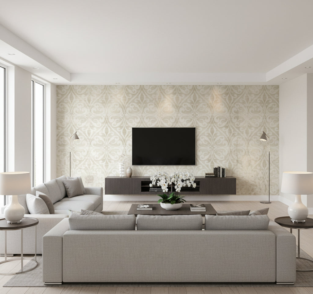 Chambon Ogee Transitional Ogee Light Beige and Off-White | Architectural Wallcoverings - Living Room Visualization (AI-generated, may not be to scale. Verify pattern scale with product specifications.)