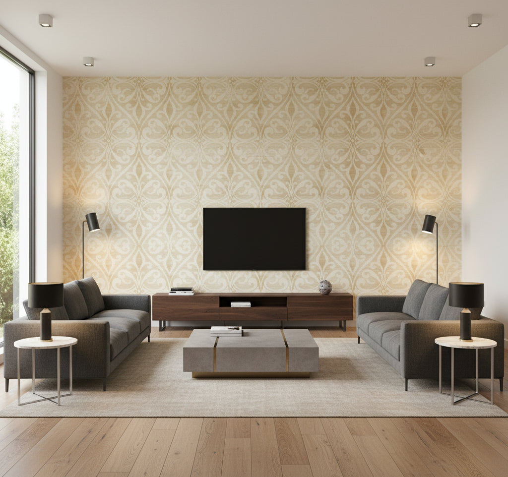 Chambon Ogee Transitional Ogee Pumpkin and Off-White | Architectural Wallcoverings - Living Room Visualization (AI-generated, may not be to scale. Verify pattern scale with product specifications.)