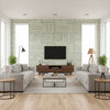 Attersee Squares Transitional Geometric Turquoise, Mint, and Tan | Architectural Wallcoverings - Living Room Visualization (AI-generated, may not be to scale. Verify pattern scale with product specifications.)