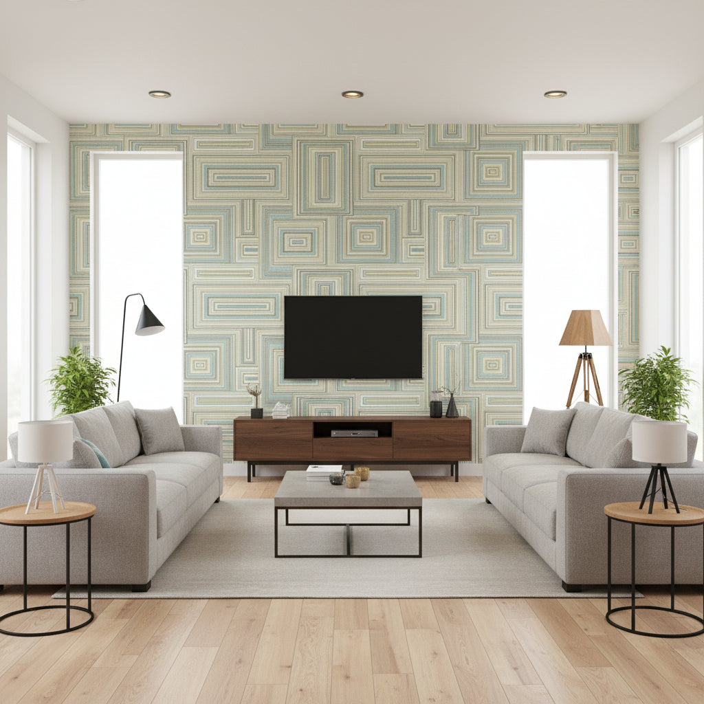 Attersee Squares Transitional Geometric Turquoise, Mint, and Tan | Architectural Wallcoverings - Living Room Visualization (AI-generated, may not be to scale. Verify pattern scale with product specifications.)