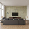 Attersee Squares Transitional Geometric Turquouse, Lime Green, and Oat | Architectural Wallcoverings - Living Room Visualization (AI-generated, may not be to scale. Verify pattern scale with product specifications.)