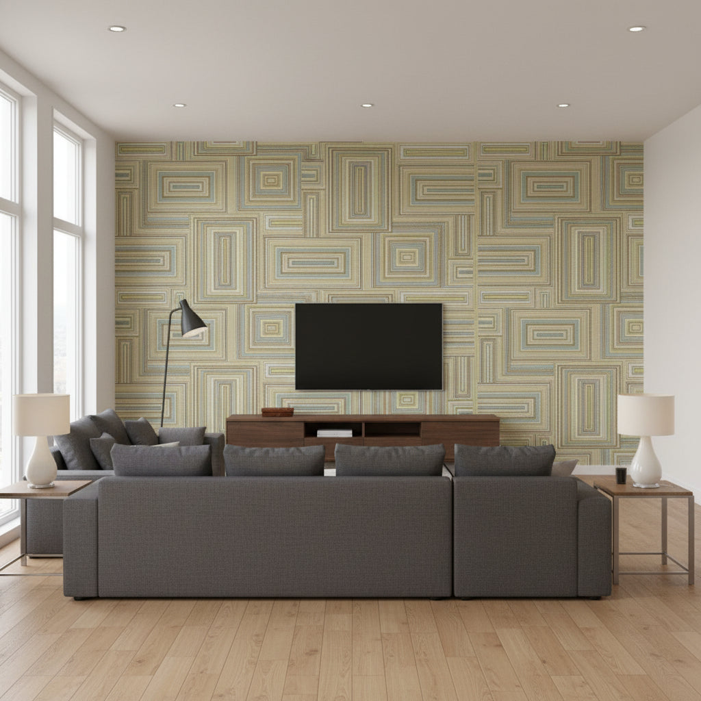 Attersee Squares Transitional Geometric Turquouse, Lime Green, and Oat | Architectural Wallcoverings - Living Room Visualization (AI-generated, may not be to scale. Verify pattern scale with product specifications.)