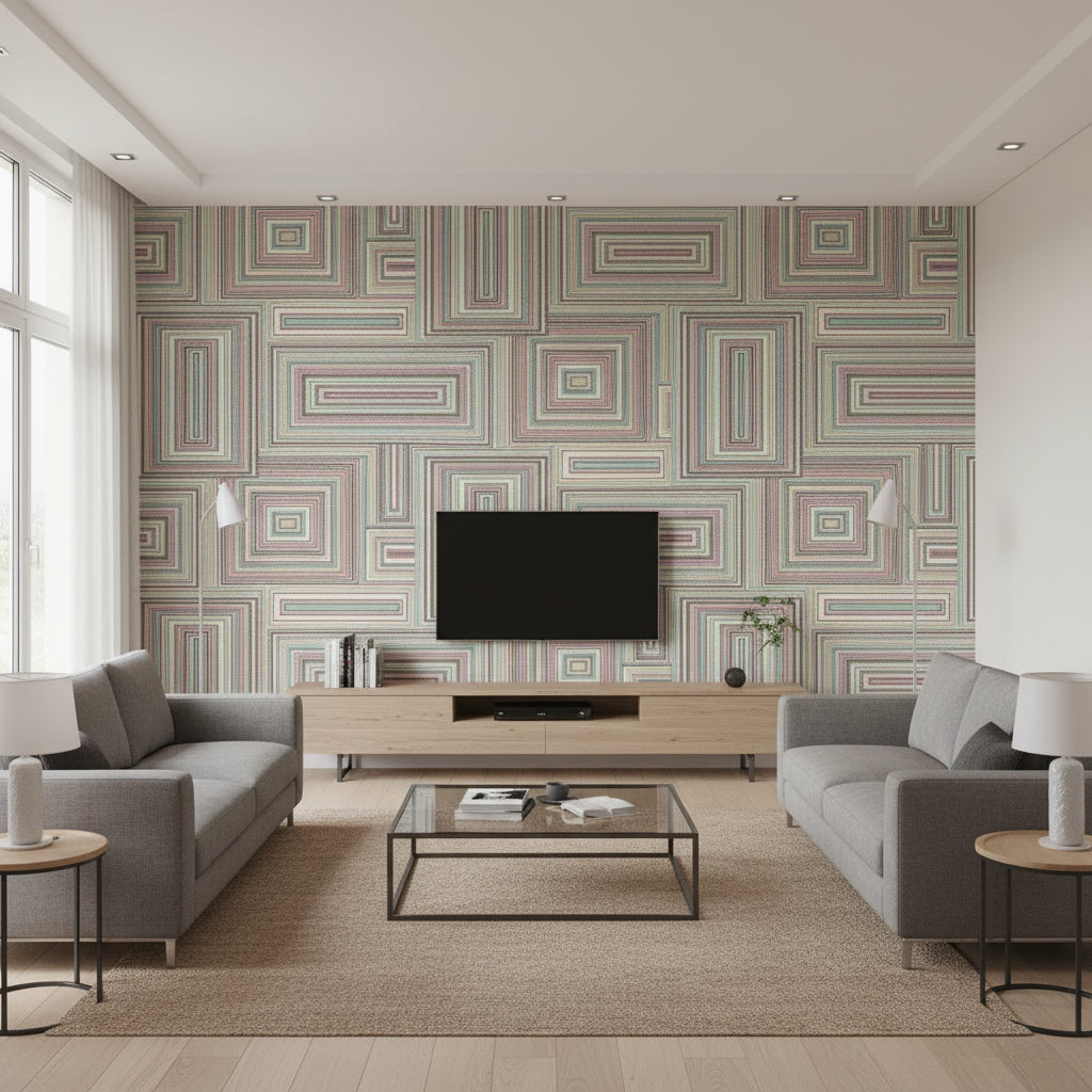 Attersee Squares Transitional Geometric Purple Haze, Charcoal, and Baby Blue | Architectural Wallcoverings - Living Room Visualization (AI-generated, may not be to scale. Verify pattern scale with product specifications.)