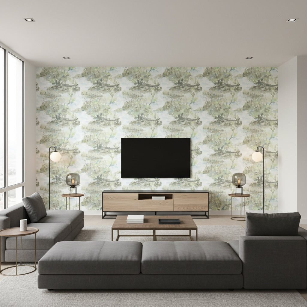Attersee Contemporary Botanical Baby Blue and Greige | Architectural Wallcoverings - Living Room Visualization (AI-generated, may not be to scale. Verify pattern scale with product specifications.)