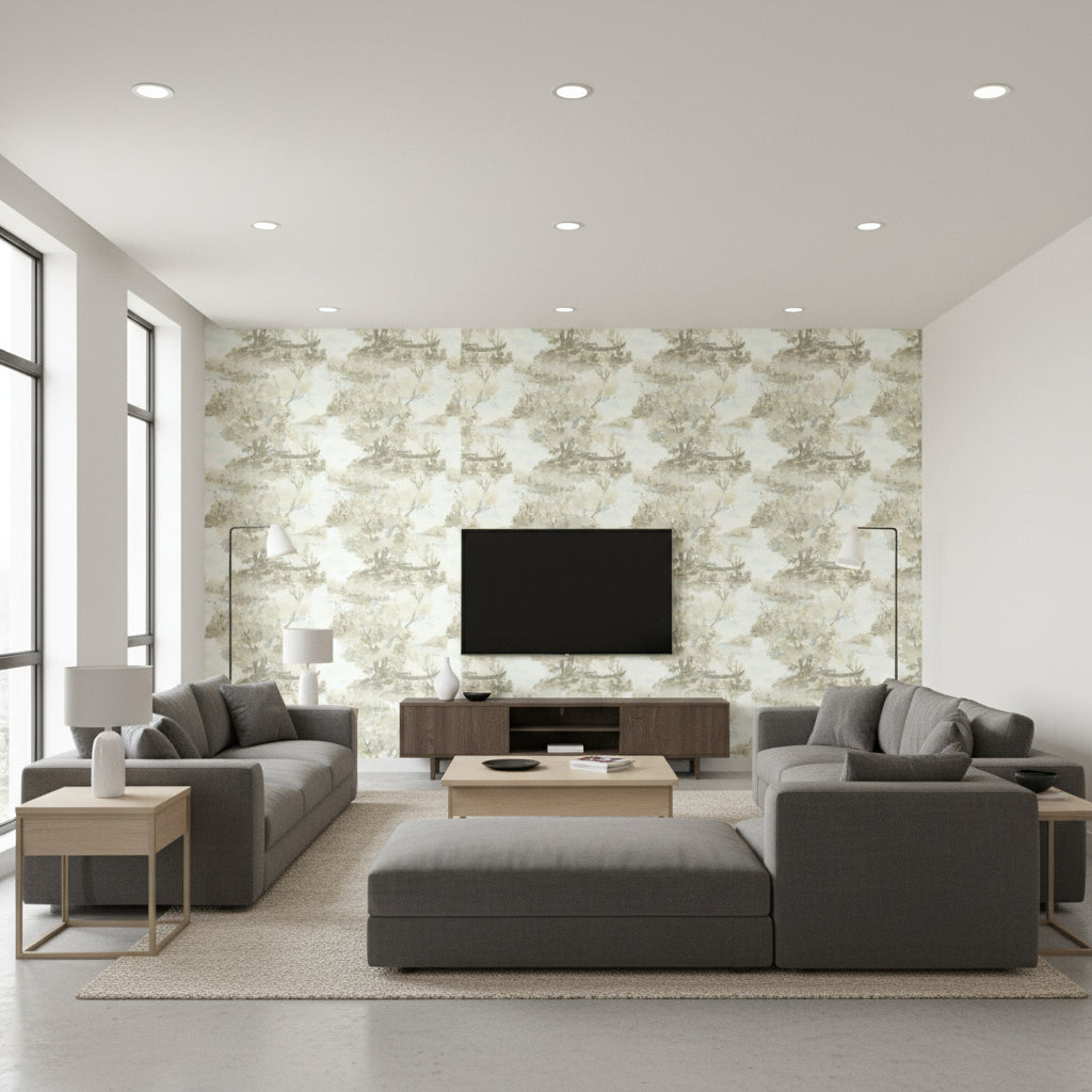 Attersee Contemporary Botanical Greige and Tan | Architectural Wallcoverings - Living Room Visualization (AI-generated, may not be to scale. Verify pattern scale with product specifications.)