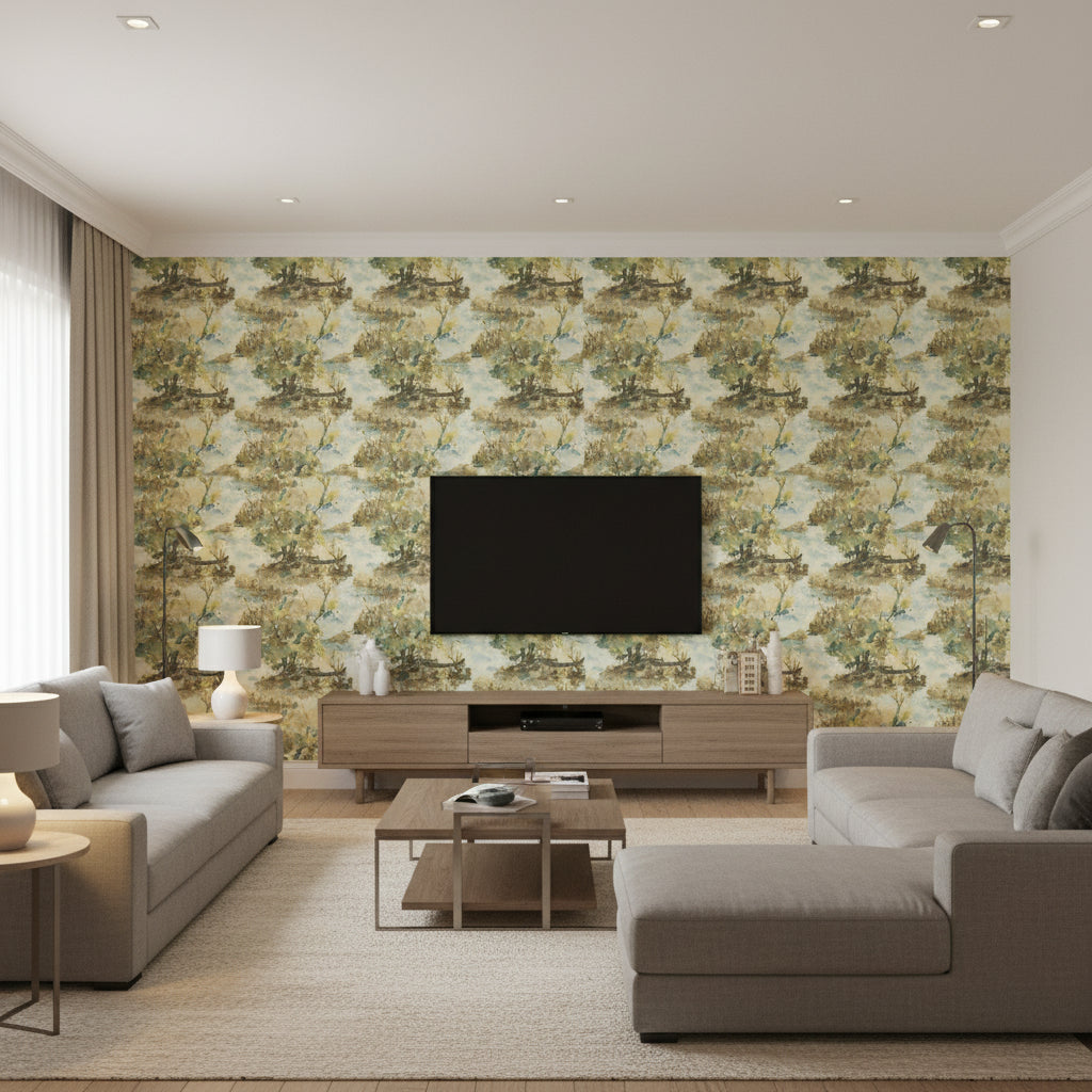Attersee Contemporary Botanical Carmel and Turquoise | Architectural Wallcoverings - Living Room Visualization (AI-generated, may not be to scale. Verify pattern scale with product specifications.)