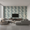 Attersee Contemporary Botanical Spruce and Wine | Architectural Wallcoverings - Living Room Visualization (AI-generated, may not be to scale. Verify pattern scale with product specifications.)