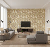 Roxen Damask Traditional Damask Amber, Gold, and Pine | Architectural Wallcoverings - Living Room Visualization (AI-generated, may not be to scale. Verify pattern scale with product specifications.)