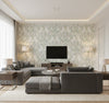 Roxen Damask Traditional Damask Turquoise, Off-White, and Mint | Architectural Wallcoverings - Living Room Visualization (AI-generated, may not be to scale. Verify pattern scale with product specifications.)