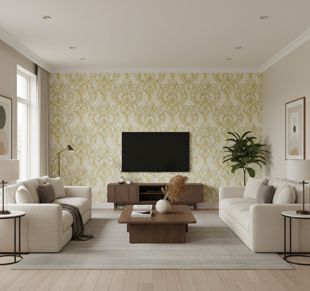 Roxen Damask Traditional Damask Off-White and Gold | Architectural Wallcoverings - Living Room Visualization (AI-generated, may not be to scale. Verify pattern scale with product specifications.)