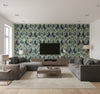 Roxen Damask Traditional Damask Navy, Off-White, and Mint | Architectural Wallcoverings - Living Room Visualization (AI-generated, may not be to scale. Verify pattern scale with product specifications.)