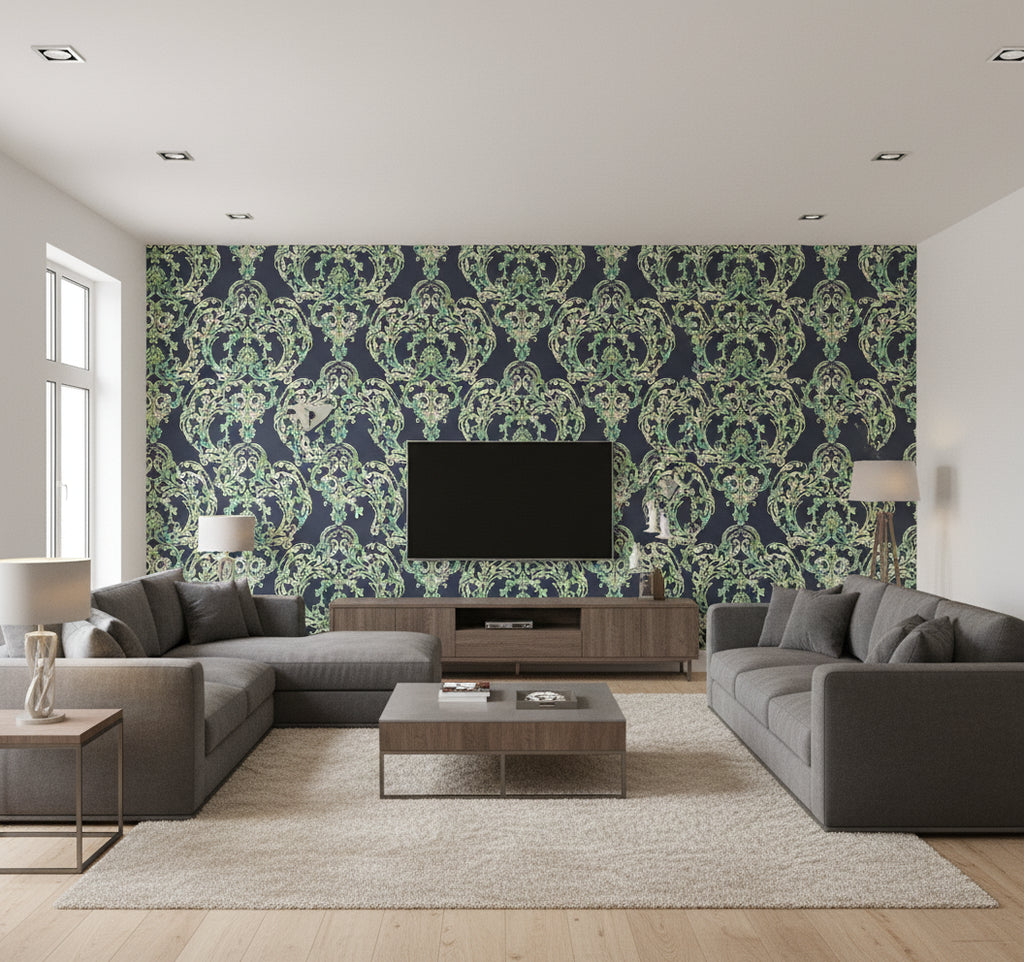 Roxen Damask Traditional Damask Navy, Off-White, and Mint | Architectural Wallcoverings - Living Room Visualization (AI-generated, may not be to scale. Verify pattern scale with product specifications.)